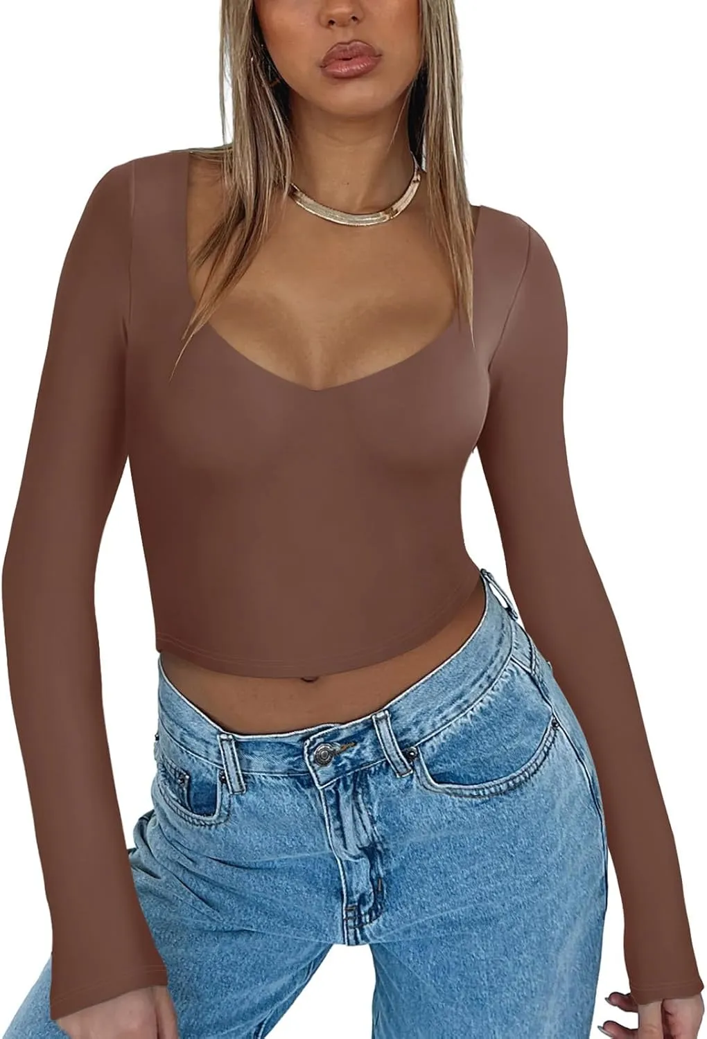 REORIA Women's Basic Sexy V Neck Long Sleeve Slim Fitted Cropped T Shirts Fall Fashion Going Out Crop Tops