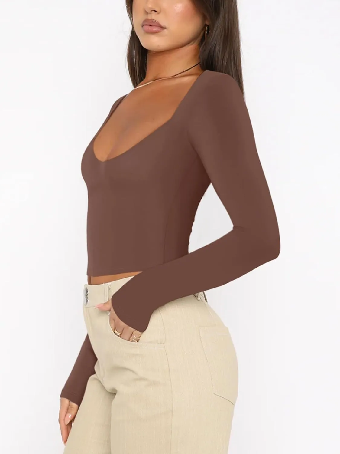 REORIA Women's Basic Sexy V Neck Long Sleeve Slim Fitted Cropped T Shirts Fall Fashion Going Out Crop Tops