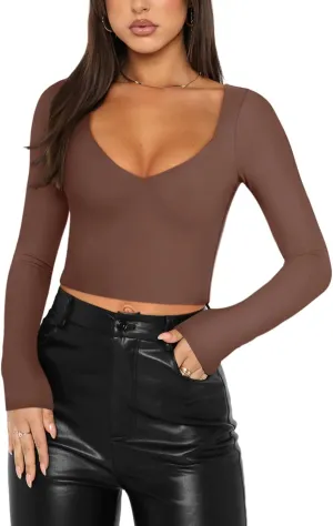 REORIA Women's Basic Sexy V Neck Long Sleeve Slim Fitted Cropped T Shirts Fall Fashion Going Out Crop Tops