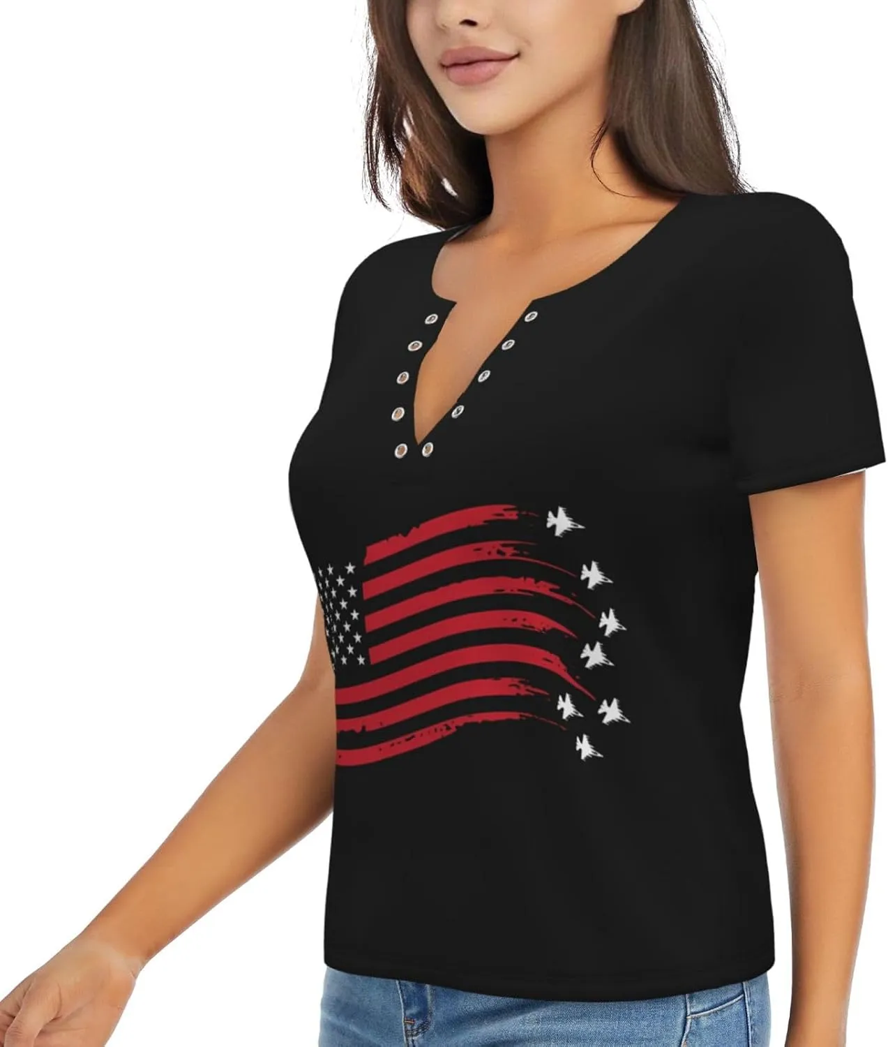 Retro American Football Womens Deep v Neck T-Shirts Short Sleeve Shirts Casual Tee Tops Slim Fit T-Shirt