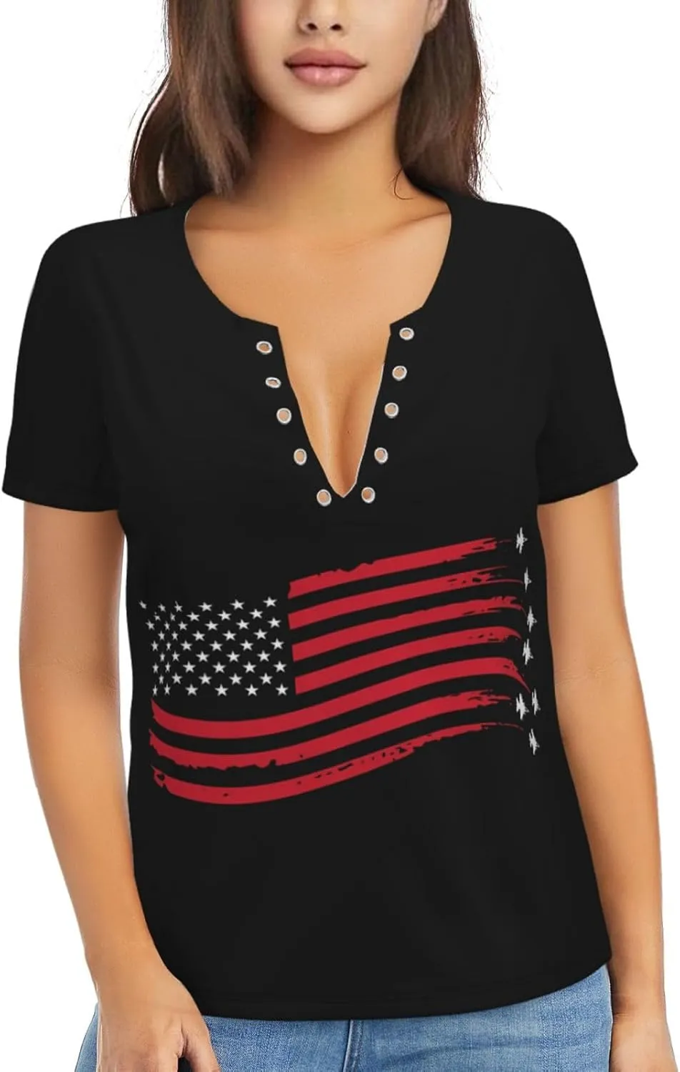 Retro American Football Womens Deep v Neck T-Shirts Short Sleeve Shirts Casual Tee Tops Slim Fit T-Shirt