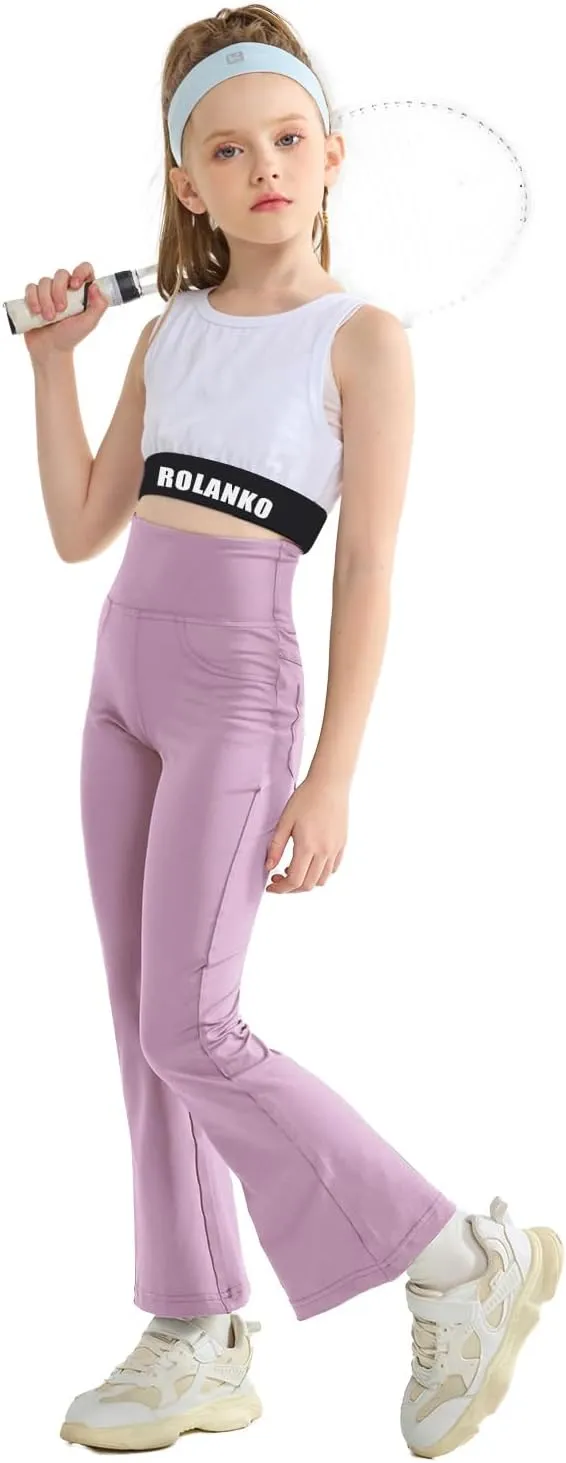 Rolanko Girls Flare Leggings Yoga Pants with Pockets Stretch Kids Bell Bottoms Wide Leg Dance Pants 4-14 Years