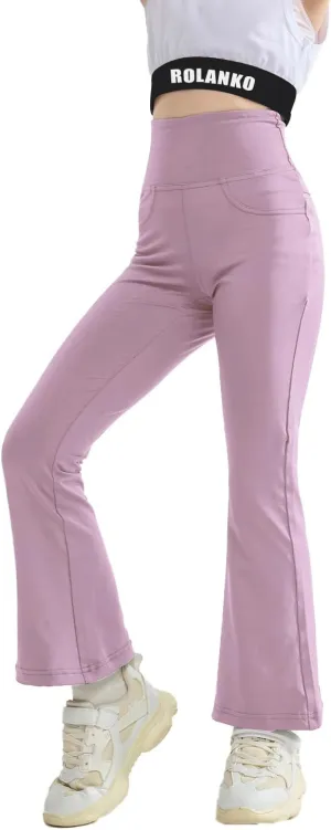 Rolanko Girls Flare Leggings Yoga Pants with Pockets Stretch Kids Bell Bottoms Wide Leg Dance Pants 4-14 Years
