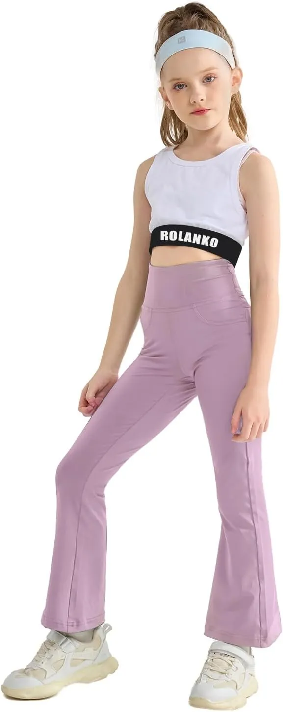 Rolanko Girls Flare Leggings Yoga Pants with Pockets Stretch Kids Bell Bottoms Wide Leg Dance Pants 4-14 Years