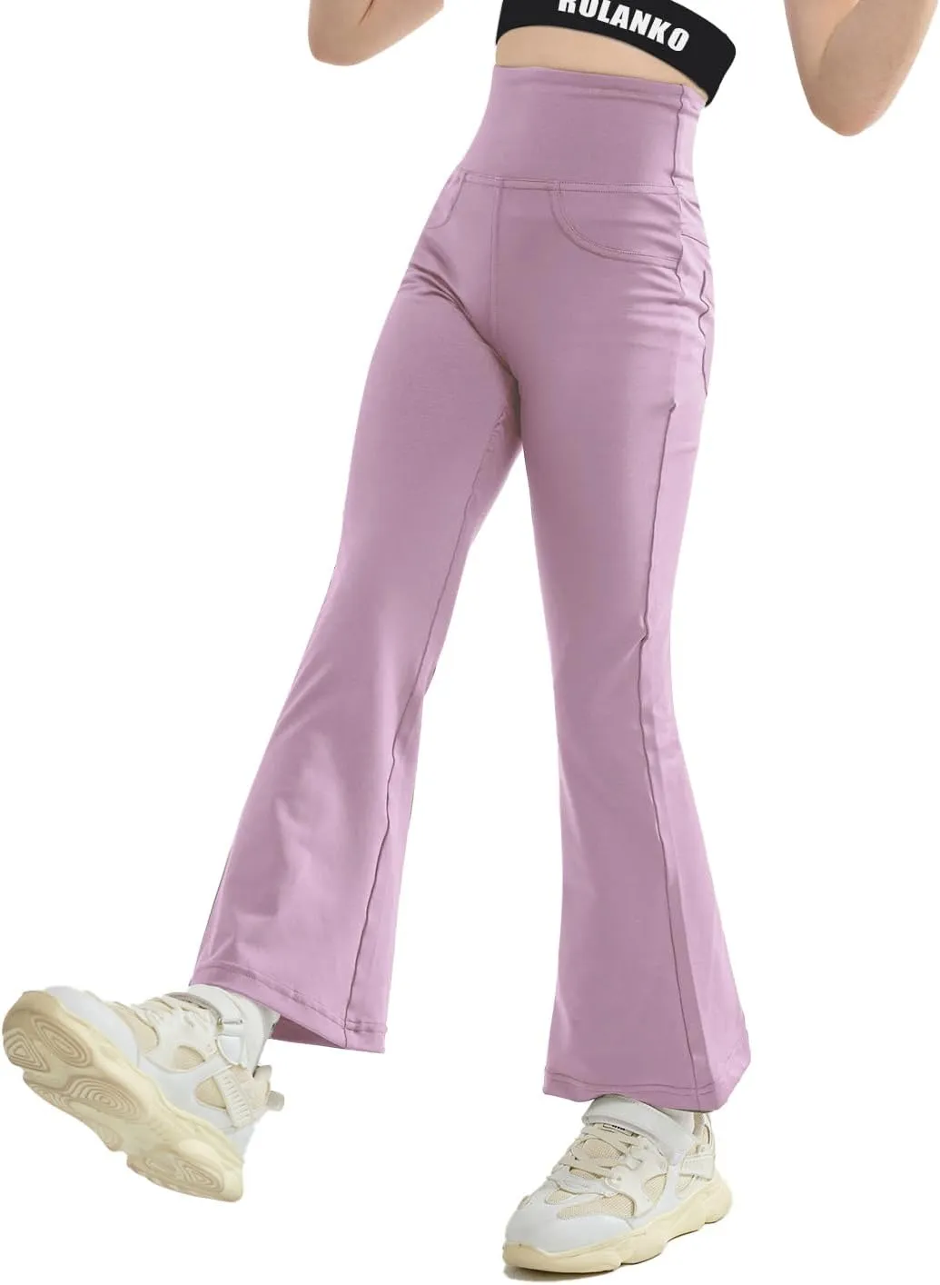 Rolanko Girls Flare Leggings Yoga Pants with Pockets Stretch Kids Bell Bottoms Wide Leg Dance Pants 4-14 Years