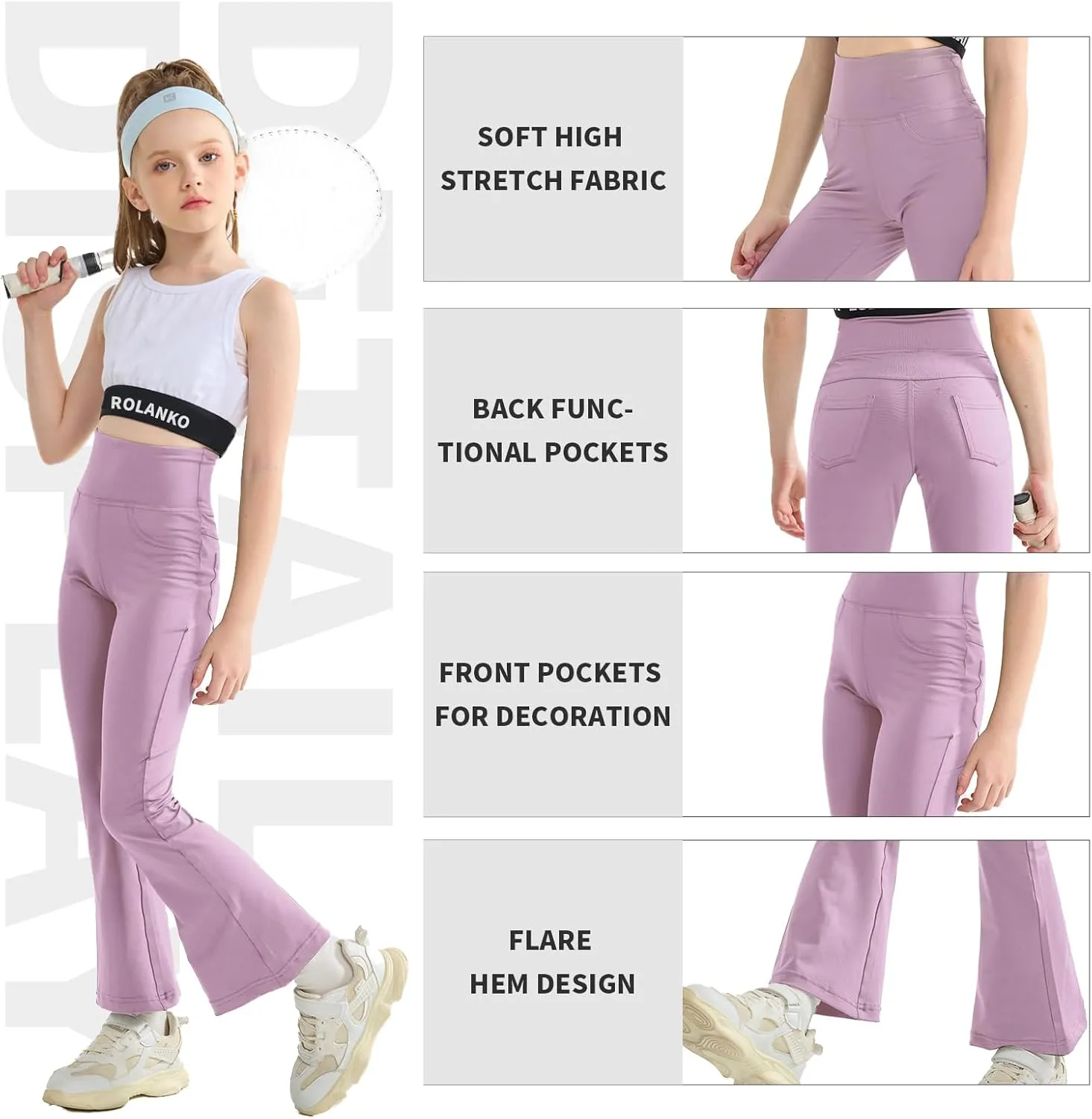 Rolanko Girls Flare Leggings Yoga Pants with Pockets Stretch Kids Bell Bottoms Wide Leg Dance Pants 4-14 Years