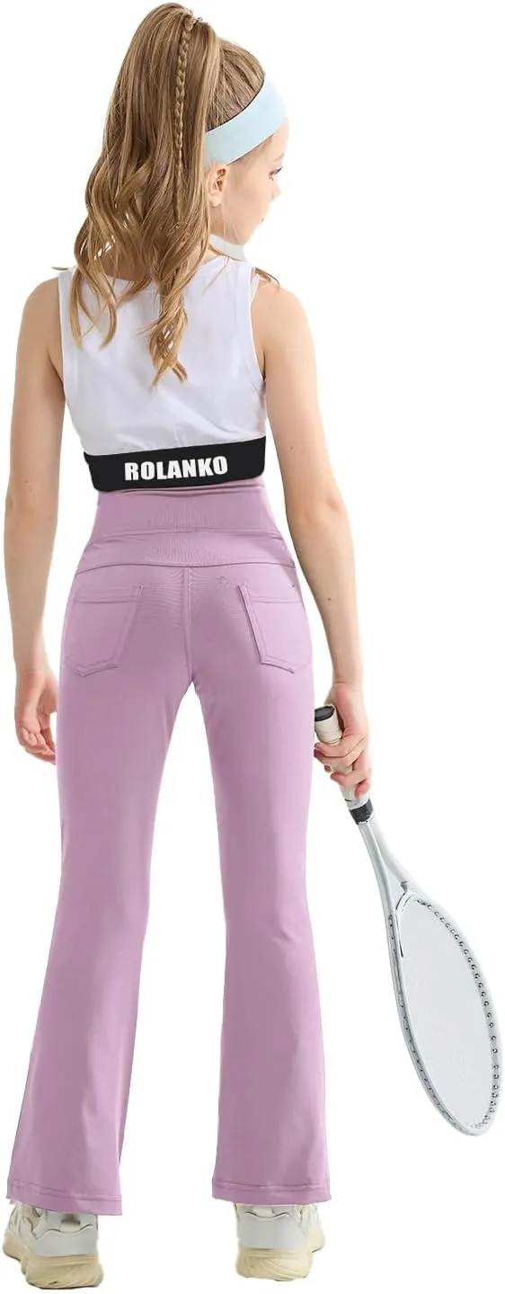 Rolanko Girls Flare Leggings Yoga Pants with Pockets Stretch Kids Bell Bottoms Wide Leg Dance Pants 4-14 Years