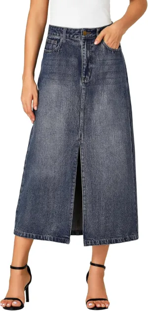 Rooscier Women's High Waisted Jean Skirt Casual Split Denim Midi Skirt with Pockets