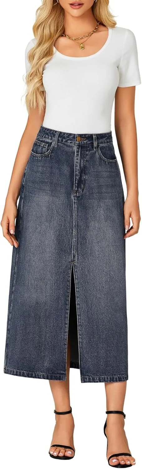Rooscier Women's High Waisted Jean Skirt Casual Split Denim Midi Skirt with Pockets