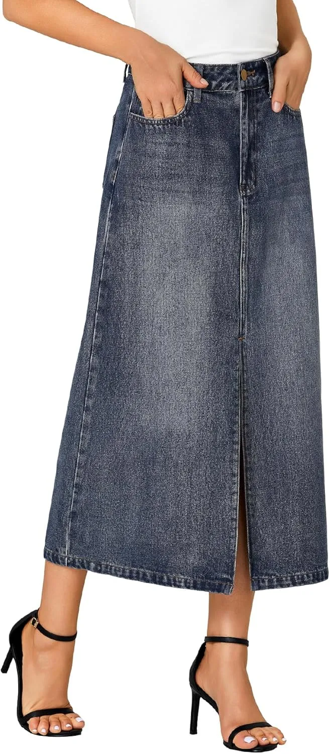 Rooscier Women's High Waisted Jean Skirt Casual Split Denim Midi Skirt with Pockets