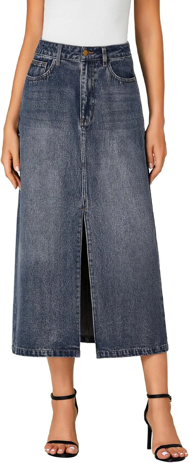 Rooscier Women's High Waisted Jean Skirt Casual Split Denim Midi Skirt with Pockets