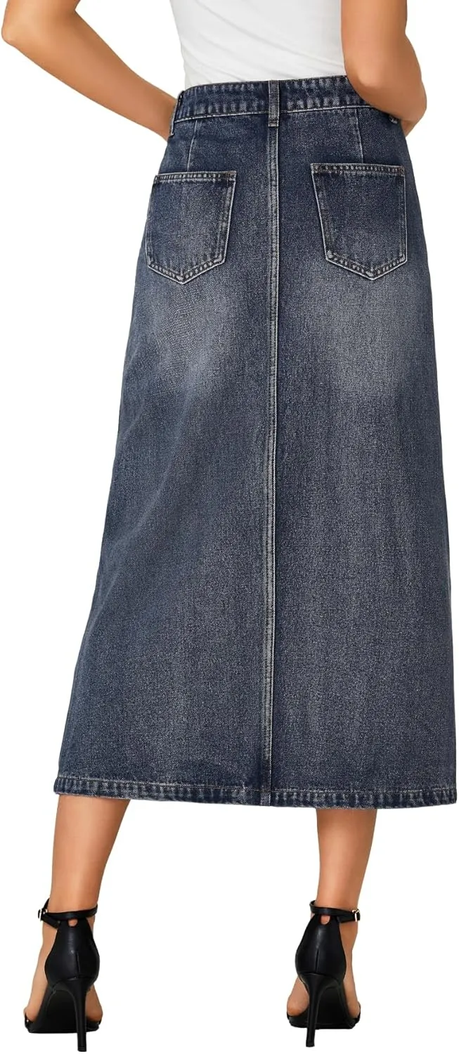 Rooscier Women's High Waisted Jean Skirt Casual Split Denim Midi Skirt with Pockets