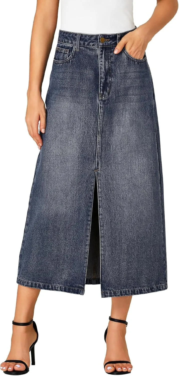 Rooscier Women's High Waisted Jean Skirt Casual Split Denim Midi Skirt with Pockets