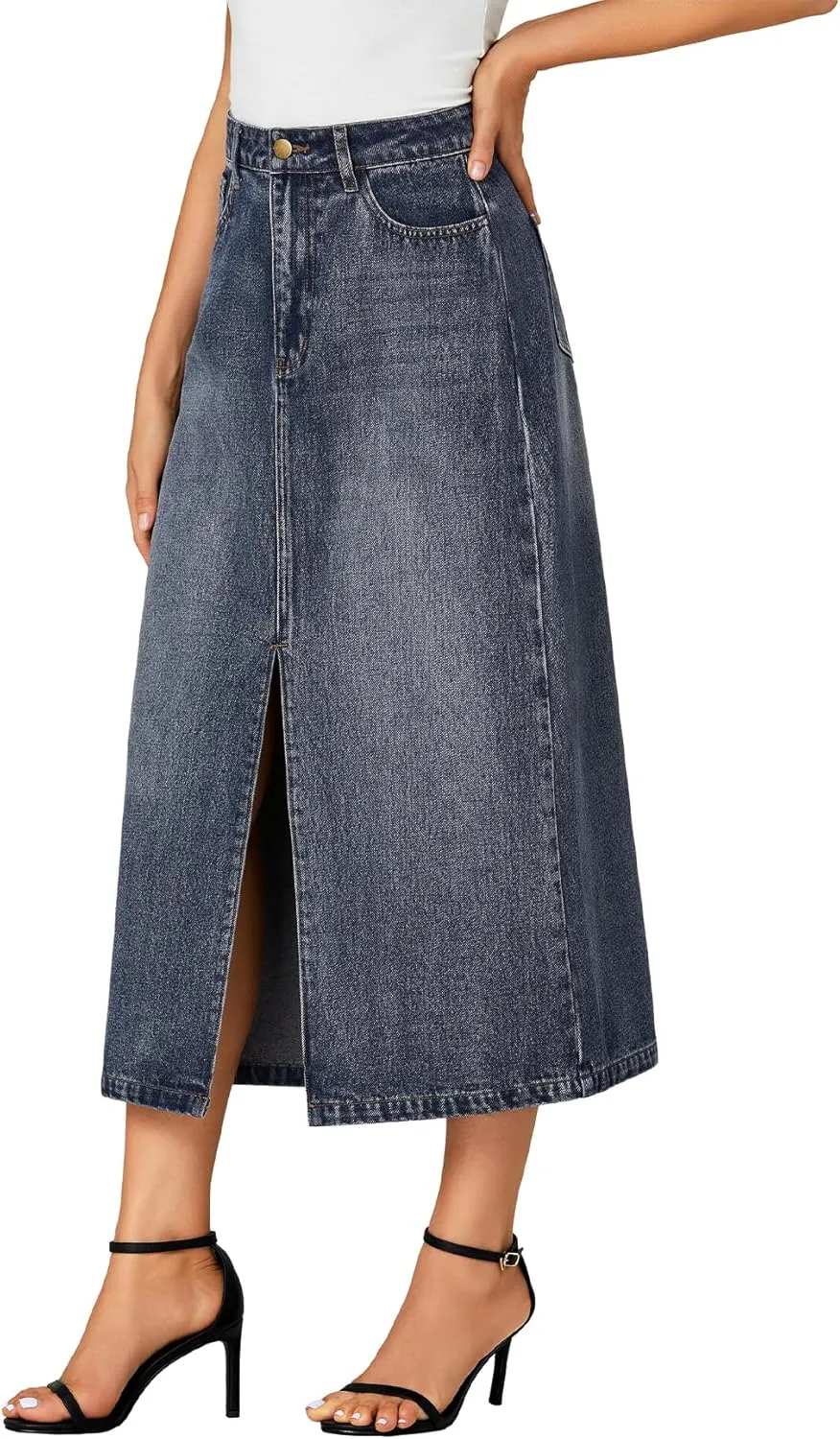 Rooscier Women's High Waisted Jean Skirt Casual Split Denim Midi Skirt with Pockets