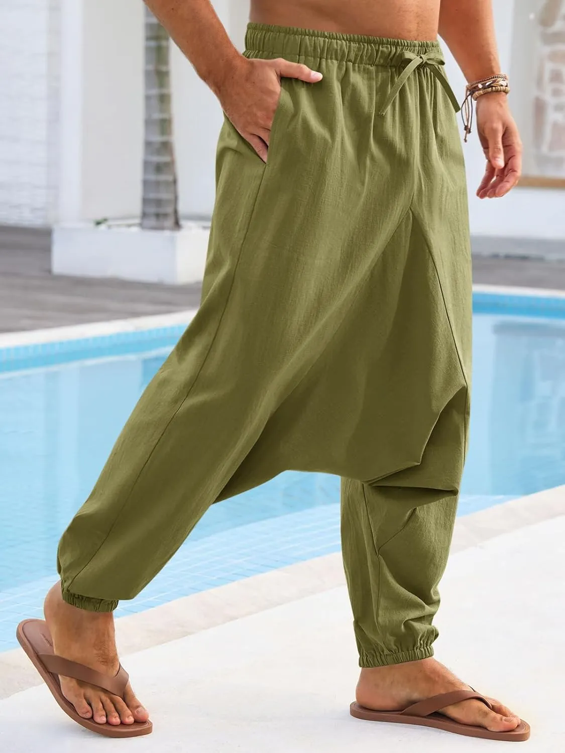 Runcati Mens Casual Harem Pants Baggy Hippie Yoga Cotton Linen Pants Drop Crotch Drawstring Beach Summer Trousers