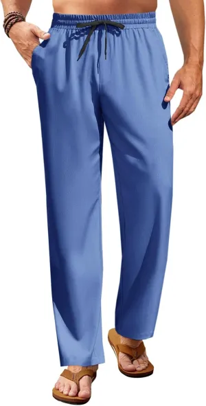 Runcati Mens Casual Pants Drawstring Elastic Waist Lightweight Trousers Linen Beach Summer Lounge Pants Blue