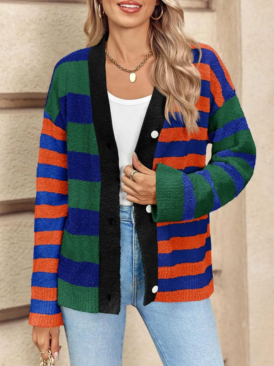 Saodimallsu Womens Striped Cardigan Sweaters V Neck Open Front Button Up Color Block Fuzzy Loose Knit Coats