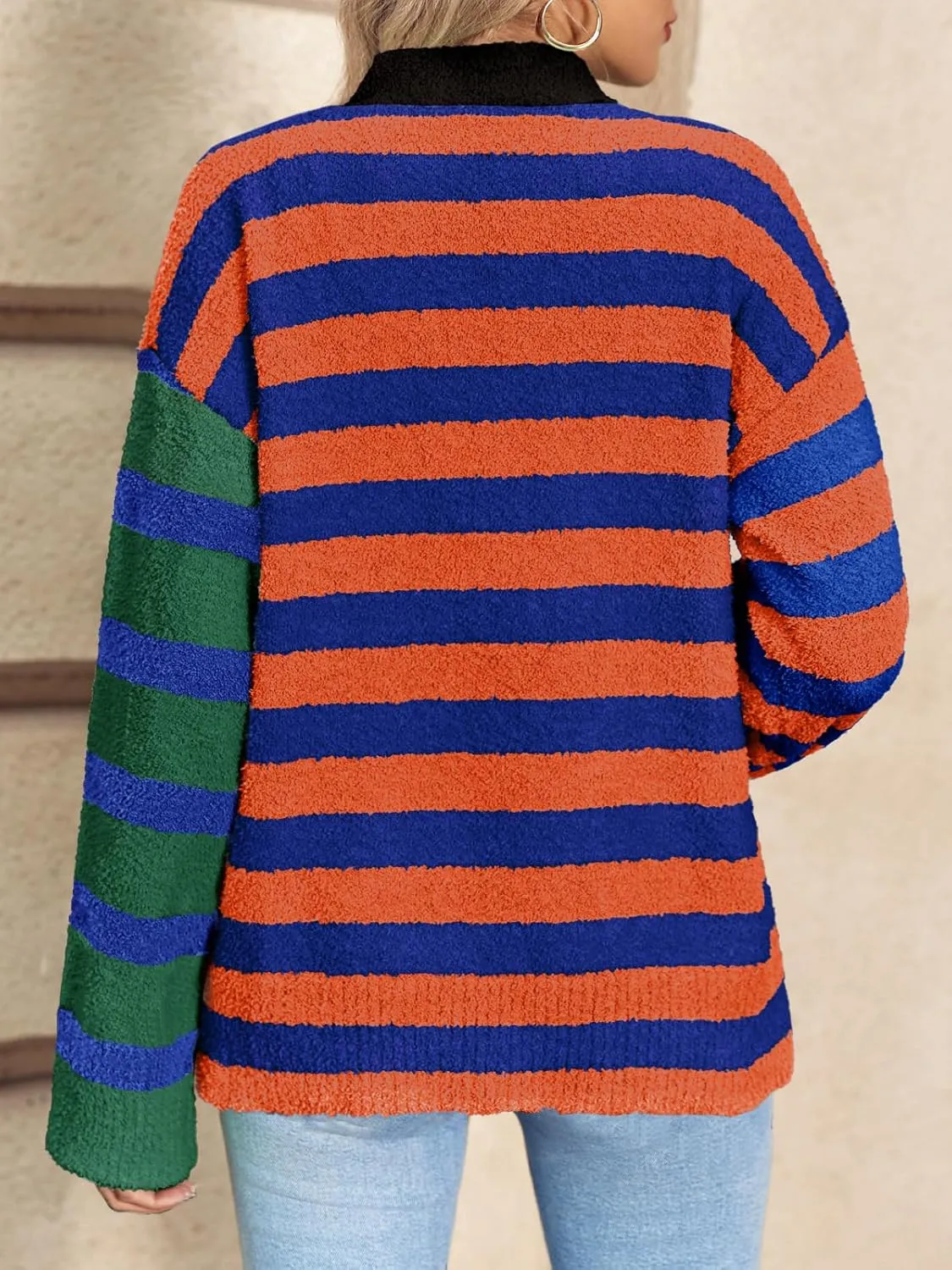Saodimallsu Womens Striped Cardigan Sweaters V Neck Open Front Button Up Color Block Fuzzy Loose Knit Coats