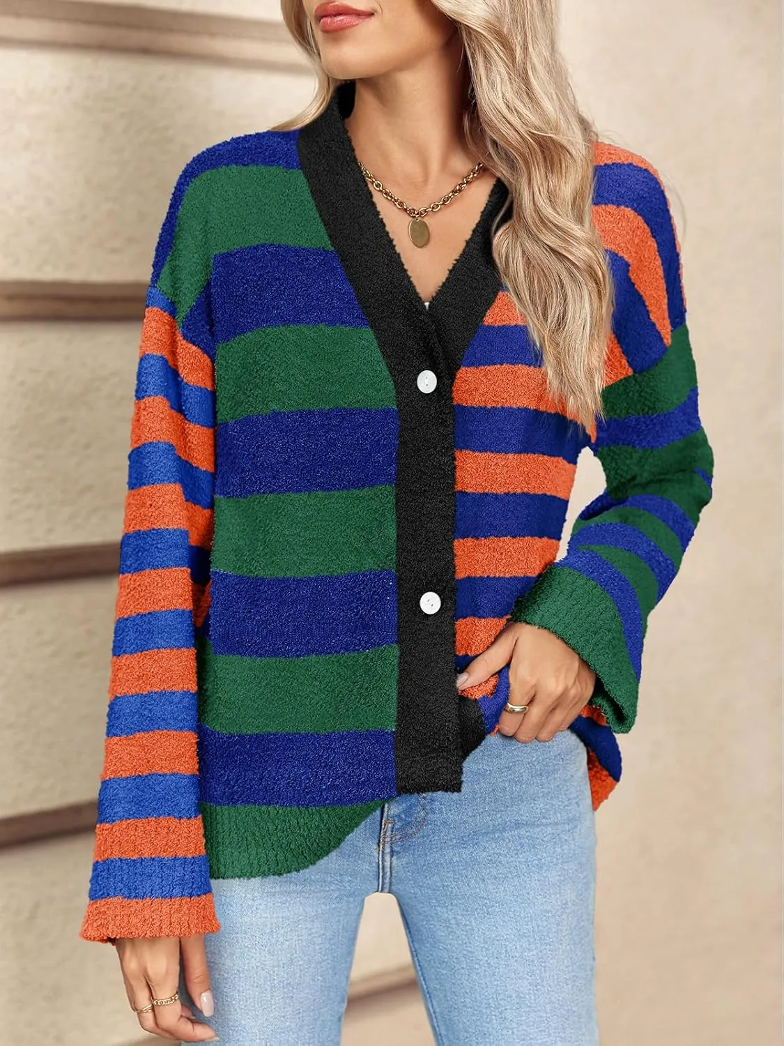 Saodimallsu Womens Striped Cardigan Sweaters V Neck Open Front Button Up Color Block Fuzzy Loose Knit Coats