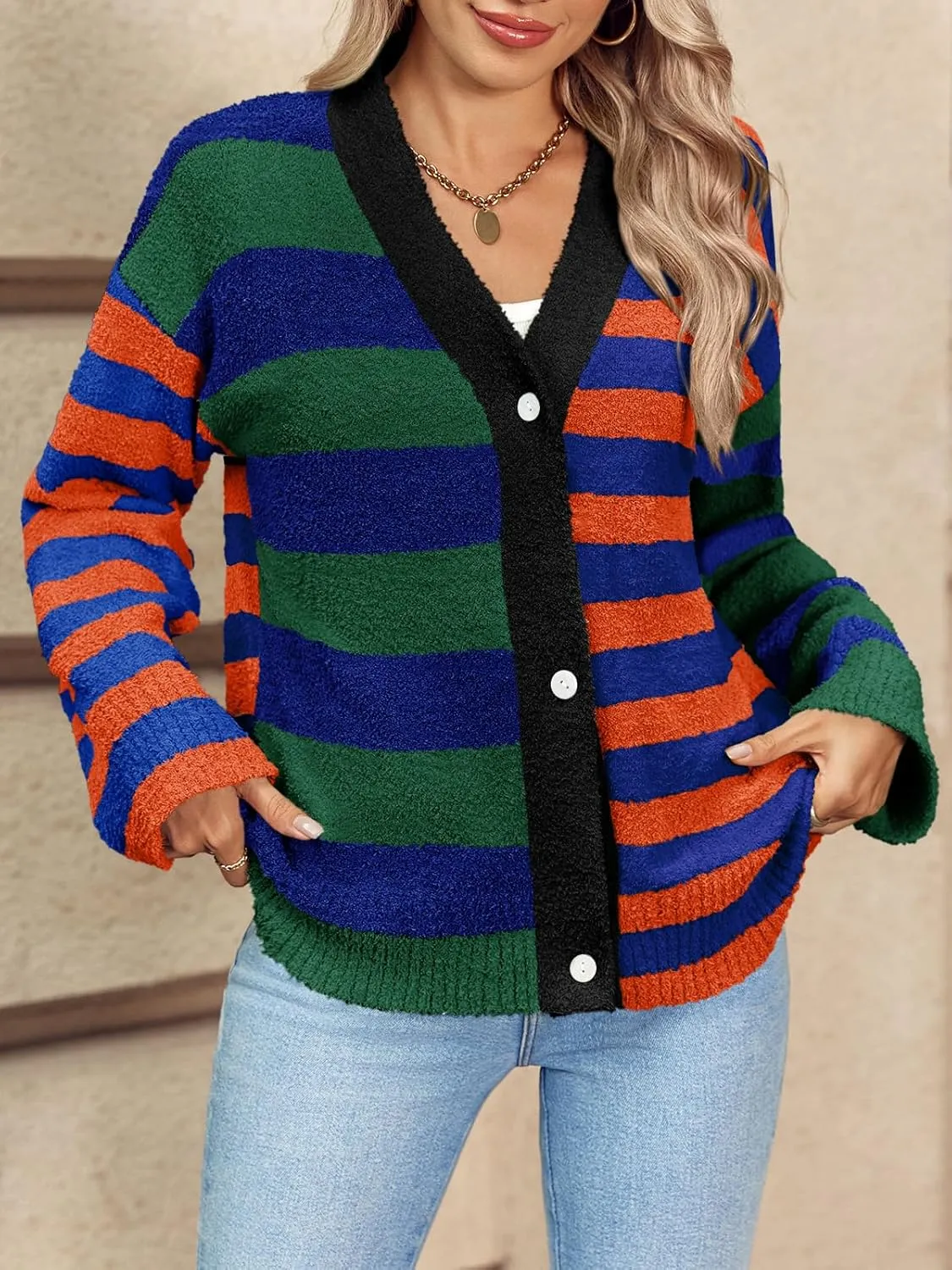 Saodimallsu Womens Striped Cardigan Sweaters V Neck Open Front Button Up Color Block Fuzzy Loose Knit Coats
