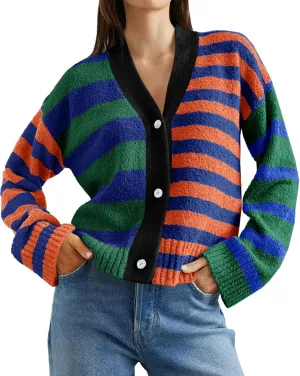 Saodimallsu Womens Striped Cardigan Sweaters V Neck Open Front Button Up Color Block Fuzzy Loose Knit Coats