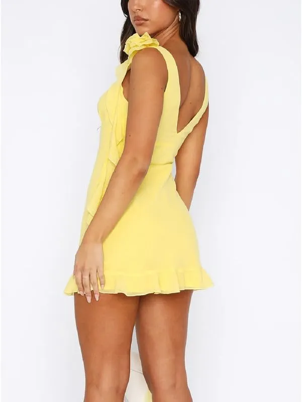 Sastianaen Women Ruffle Bodycon Mini Dress Y2k V Neck Mesh Dress Slit Irregular Hem Tank Dress Summer Party Backless Dress