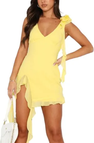 Sastianaen Women Ruffle Bodycon Mini Dress Y2k V Neck Mesh Dress Slit Irregular Hem Tank Dress Summer Party Backless Dress