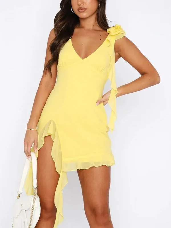 Sastianaen Women Ruffle Bodycon Mini Dress Y2k V Neck Mesh Dress Slit Irregular Hem Tank Dress Summer Party Backless Dress