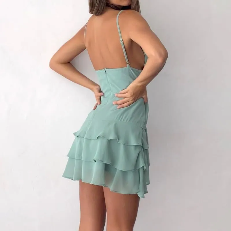 Sastianaen Women Ruffle Bodycon Mini Dress Y2k V Neck Mesh Dress Slit Irregular Hem Tank Dress Summer Party Backless Dress