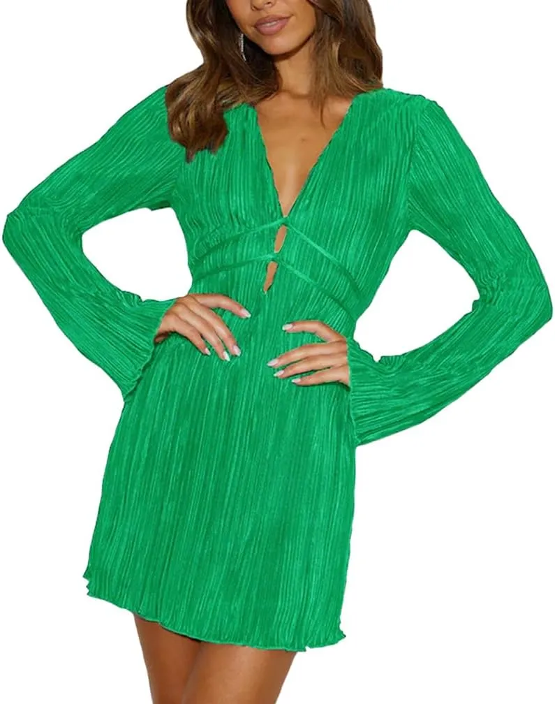 Sdencin Women Sexy Deep V-Neck Bandage Tie Waist Bodycon Short Dress Party Long Sleeve Cut Out Solid Wrap Midi Dresses