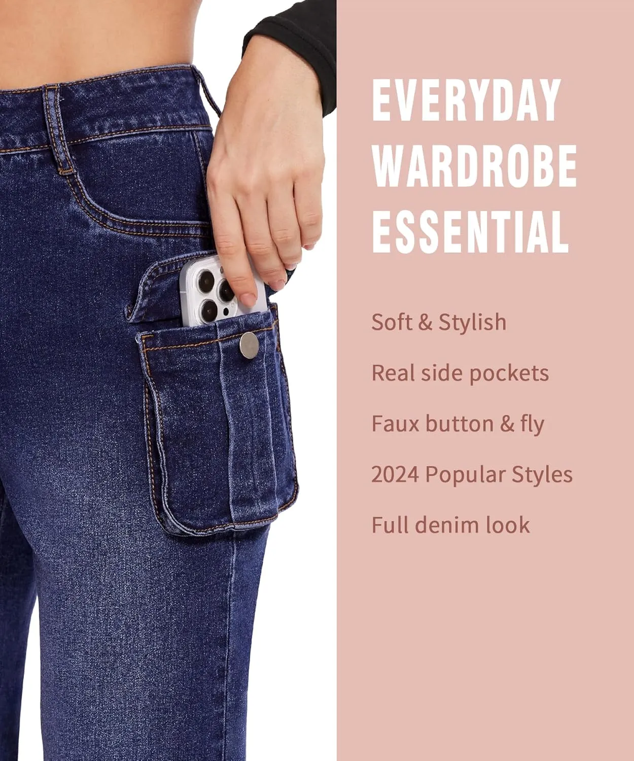 SEASUM Women's High Waisted Jeans Stretch Raw Hem Straight Leg Denim Pants Cargo Jeans with Pockets
