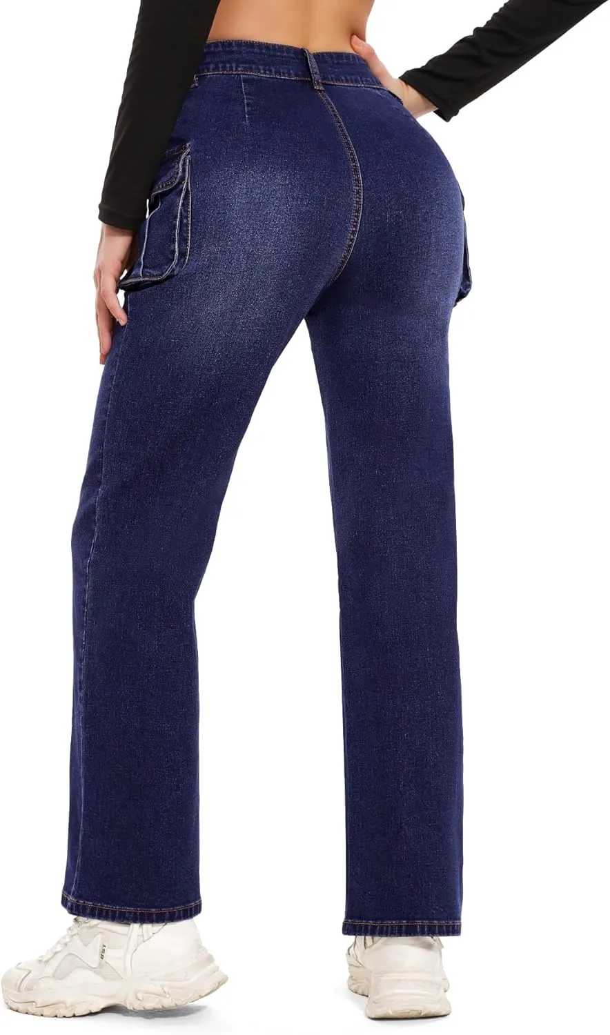 SEASUM Women's High Waisted Jeans Stretch Raw Hem Straight Leg Denim Pants Cargo Jeans with Pockets