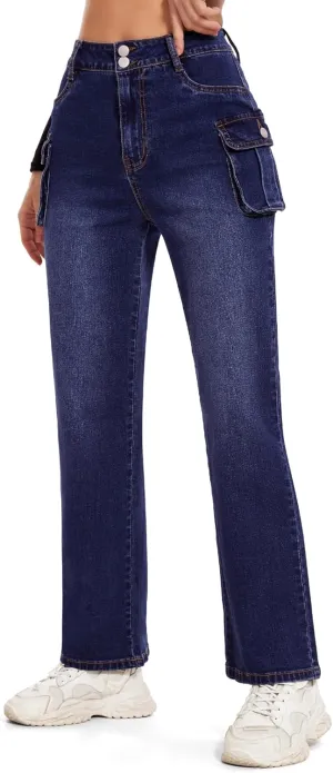 SEASUM Women's High Waisted Jeans Stretch Raw Hem Straight Leg Denim Pants Cargo Jeans with Pockets