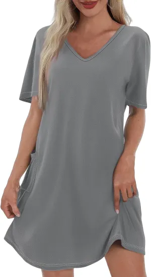 Short Sleeve Dress for Women Sexy V Neck T Shirt Dress Summer Casual Loose Short Dress Cute Mini Dress with Pockets
