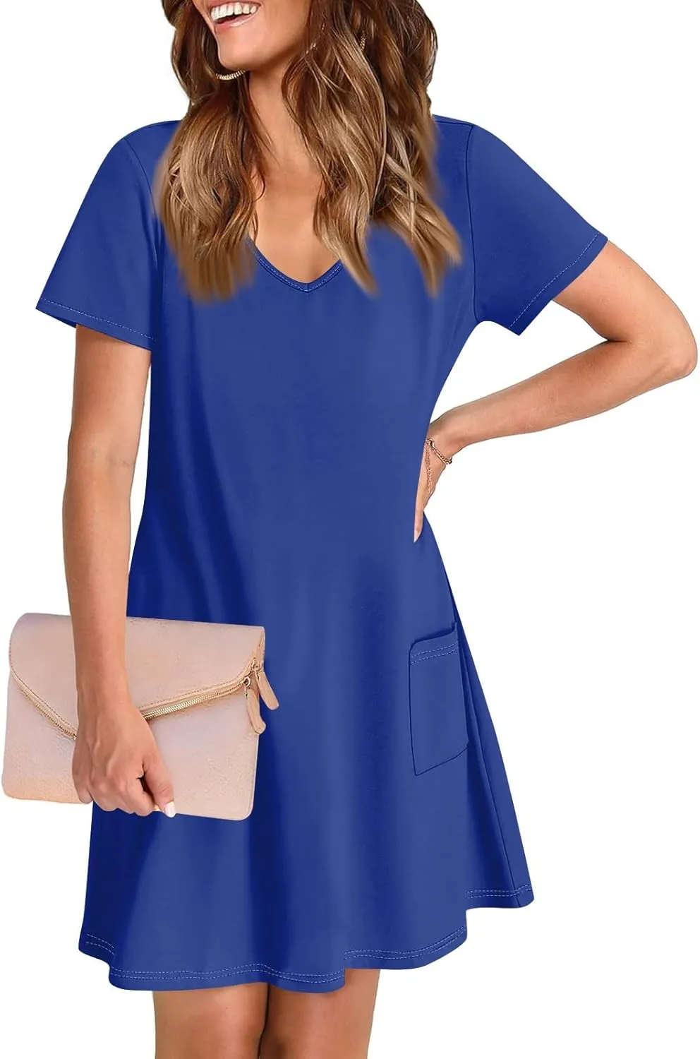 Short Sleeve Dress for Women Sexy V Neck T Shirt Dress Summer Casual Loose Short Dress Cute Mini Dress with Pockets