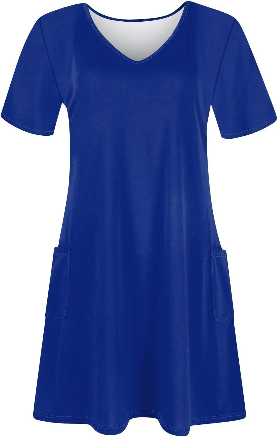 Short Sleeve Dress for Women Sexy V Neck T Shirt Dress Summer Casual Loose Short Dress Cute Mini Dress with Pockets