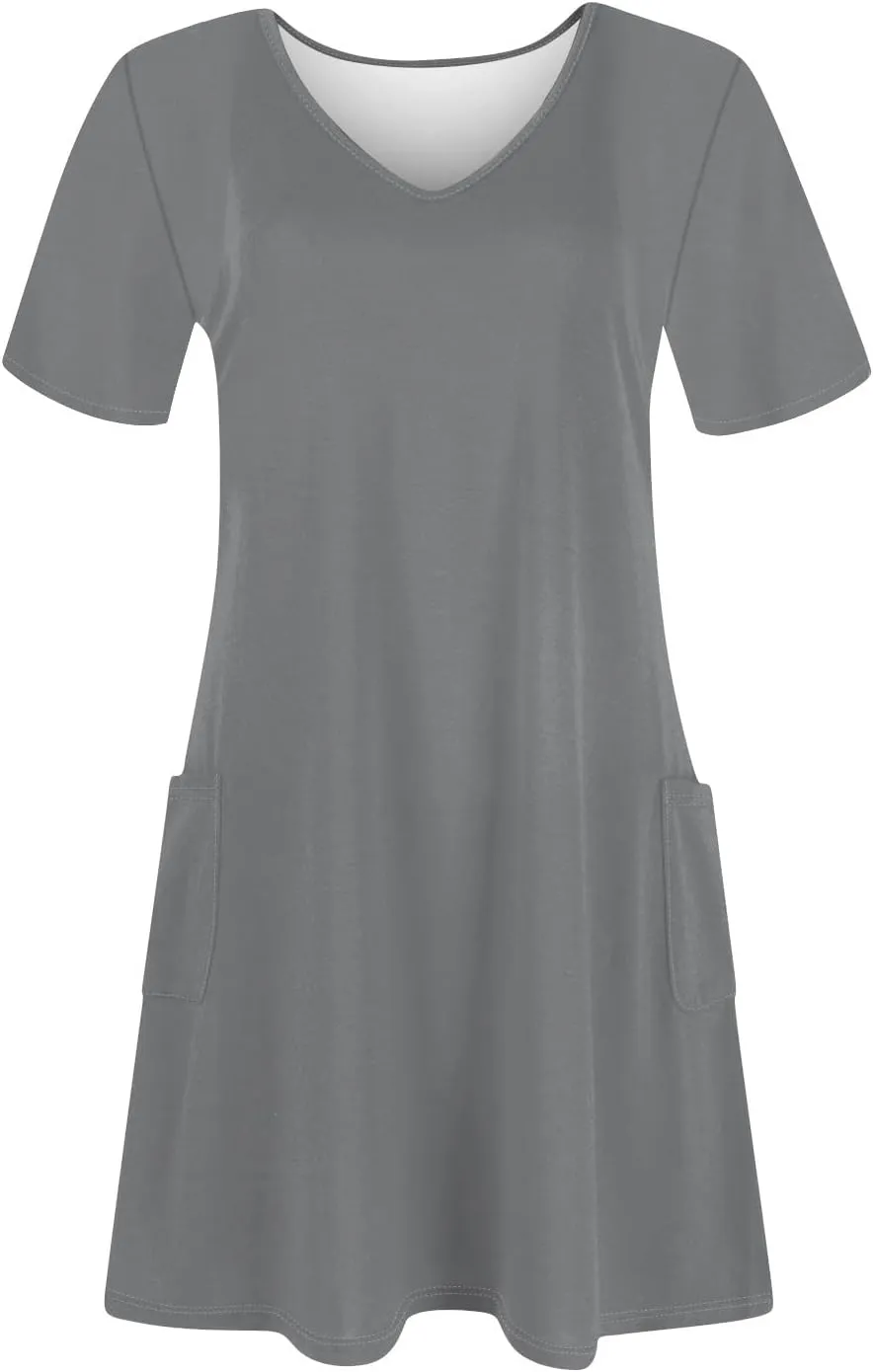 Short Sleeve Dress for Women Sexy V Neck T Shirt Dress Summer Casual Loose Short Dress Cute Mini Dress with Pockets