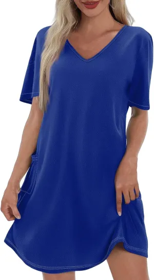 Short Sleeve Dress for Women Sexy V Neck T Shirt Dress Summer Casual Loose Short Dress Cute Mini Dress with Pockets