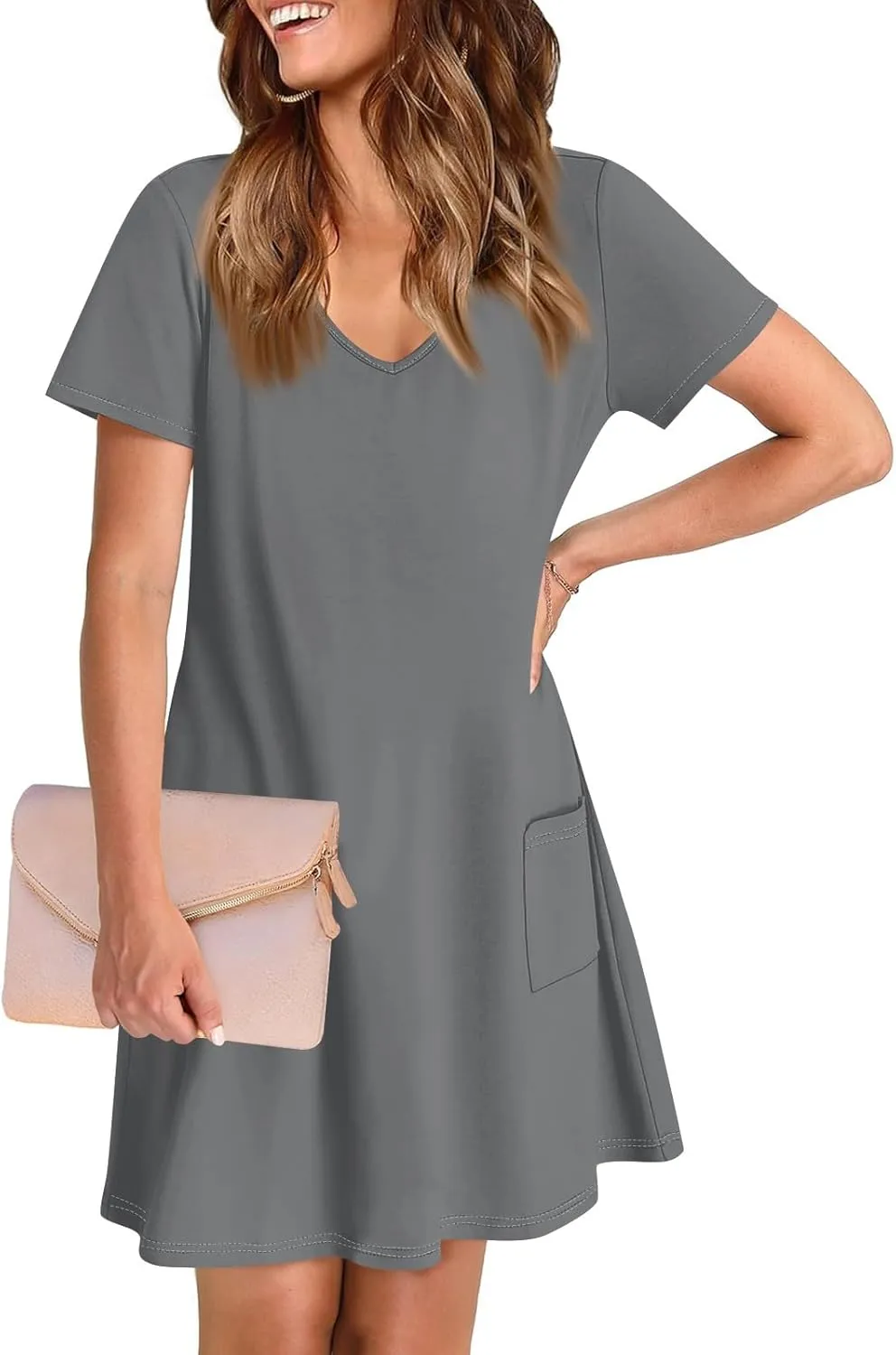 Short Sleeve Dress for Women Sexy V Neck T Shirt Dress Summer Casual Loose Short Dress Cute Mini Dress with Pockets