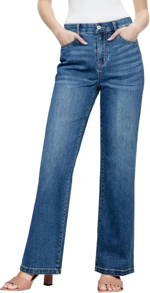Sidefeel Women's Wide Leg Jeans High Waisted Tummy Control Stretchy Straight Leg Elastic Waist Trendy Denim Pants