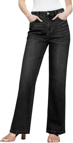 Sidefeel Women's Wide Leg Jeans High Waisted Tummy Control Stretchy Straight Leg Elastic Waist Trendy Denim Pants