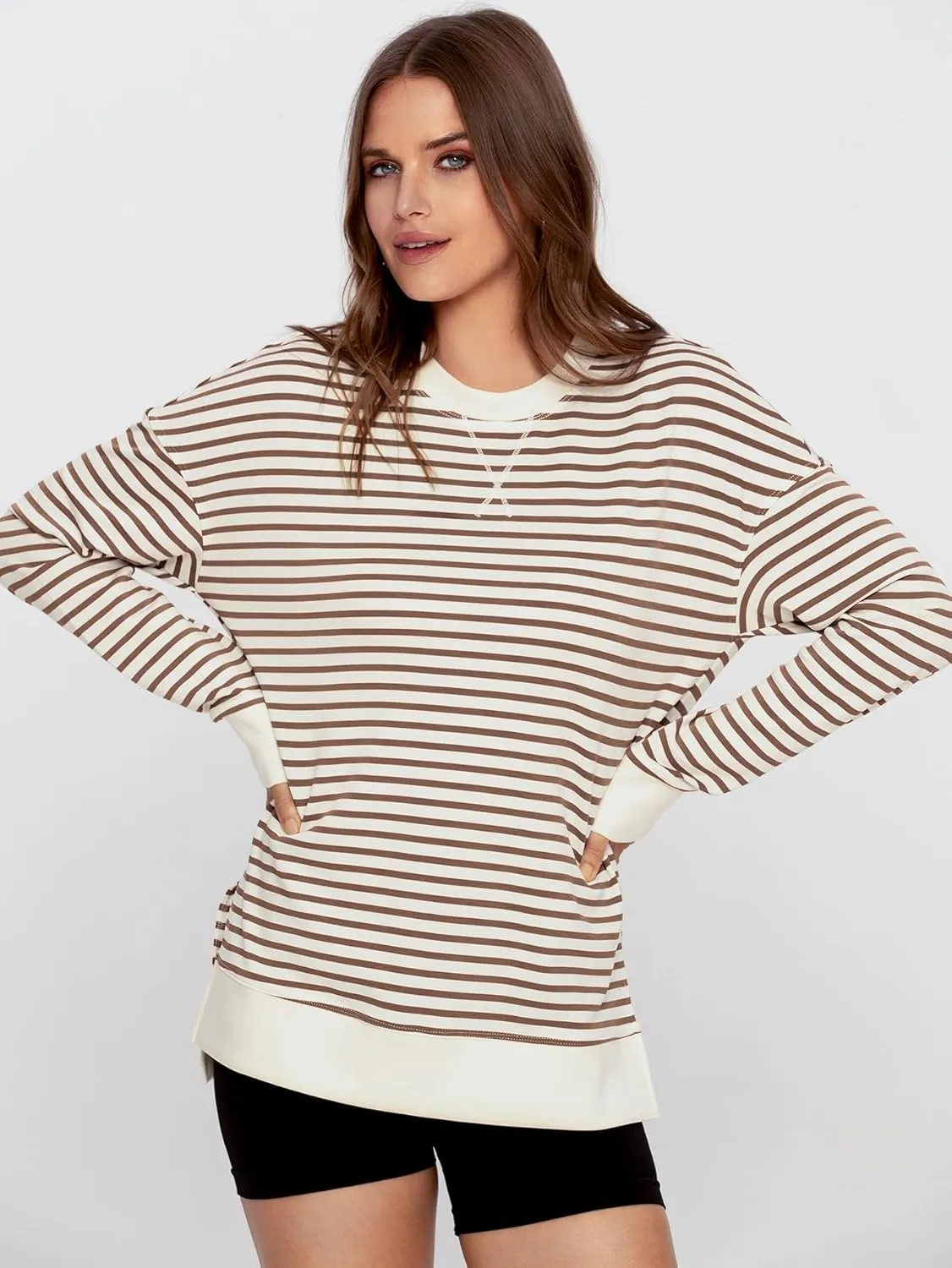 Simplee Womens Sweatshirt Long Sleeve Crewneck Striped Sweatshirt for Women 2024 Trendy Fall Tops Pullover Sweatshirts