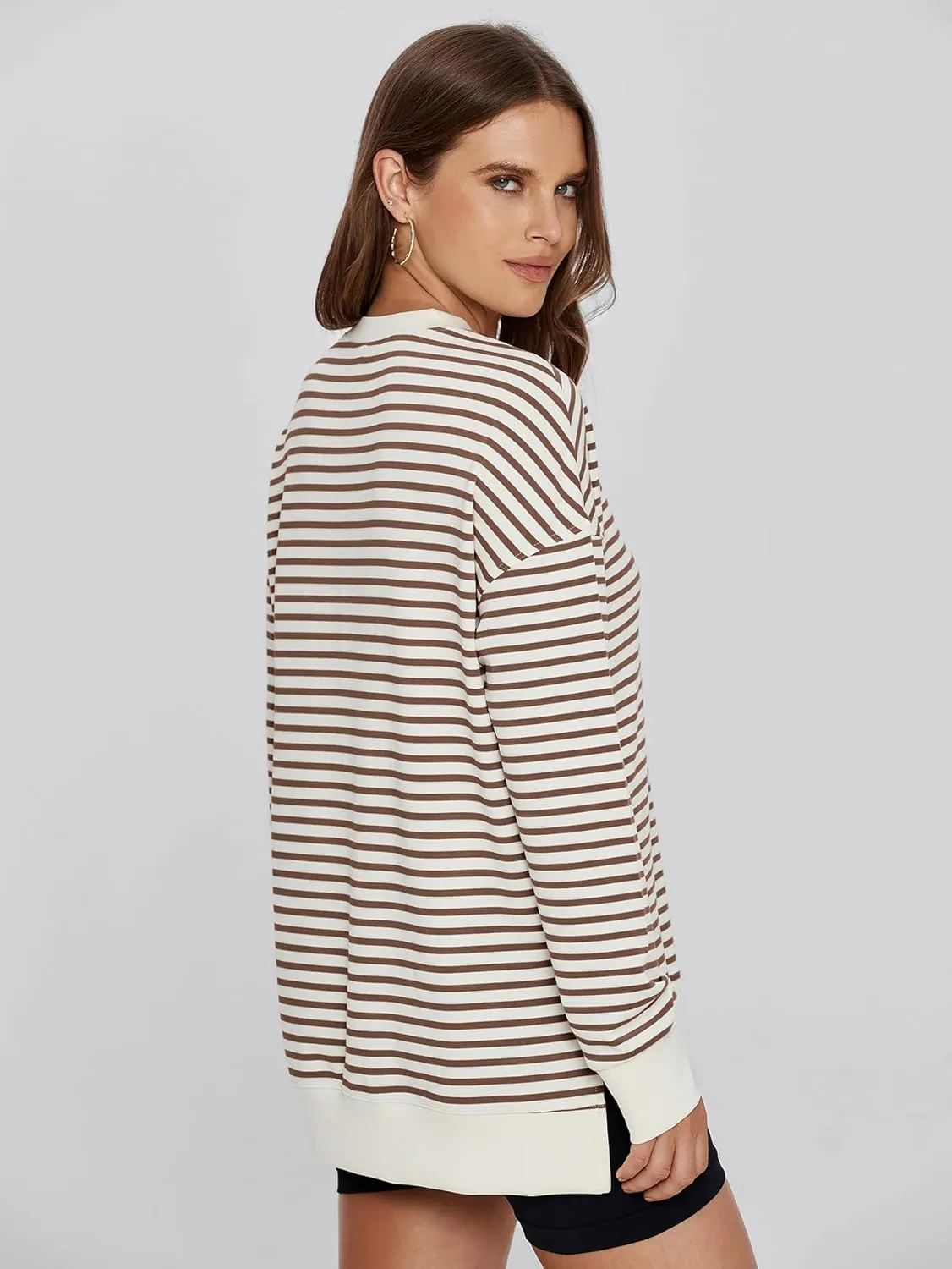 Simplee Womens Sweatshirt Long Sleeve Crewneck Striped Sweatshirt for Women 2024 Trendy Fall Tops Pullover Sweatshirts
