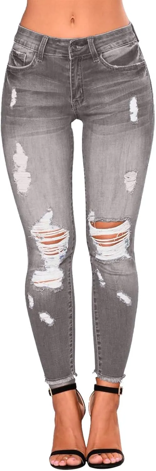 Skinny Jeans for Women Mid Rise Ripped Stretchy Jeans Pull On Dress Work Pants Tummy Control Jeggings with Pockets