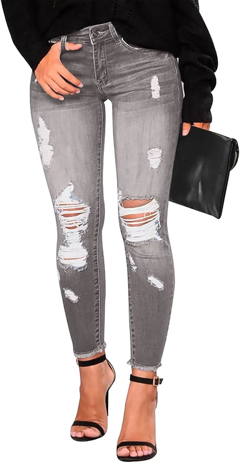 Skinny Jeans for Women Mid Rise Ripped Stretchy Jeans Pull On Dress Work Pants Tummy Control Jeggings with Pockets