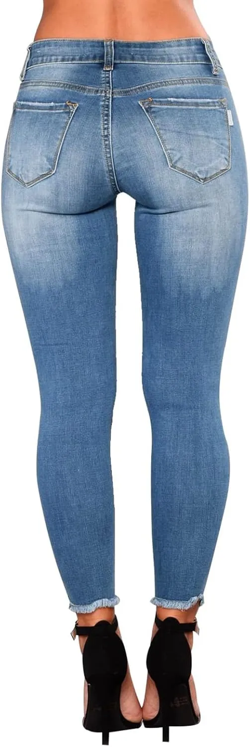 Skinny Jeans for Women Mid Rise Ripped Stretchy Jeans Pull On Dress Work Pants Tummy Control Jeggings with Pockets