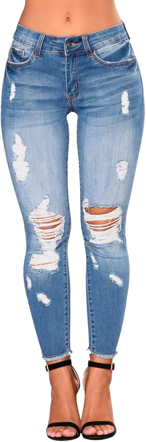 Skinny Jeans for Women Mid Rise Ripped Stretchy Jeans Pull On Dress Work Pants Tummy Control Jeggings with Pockets