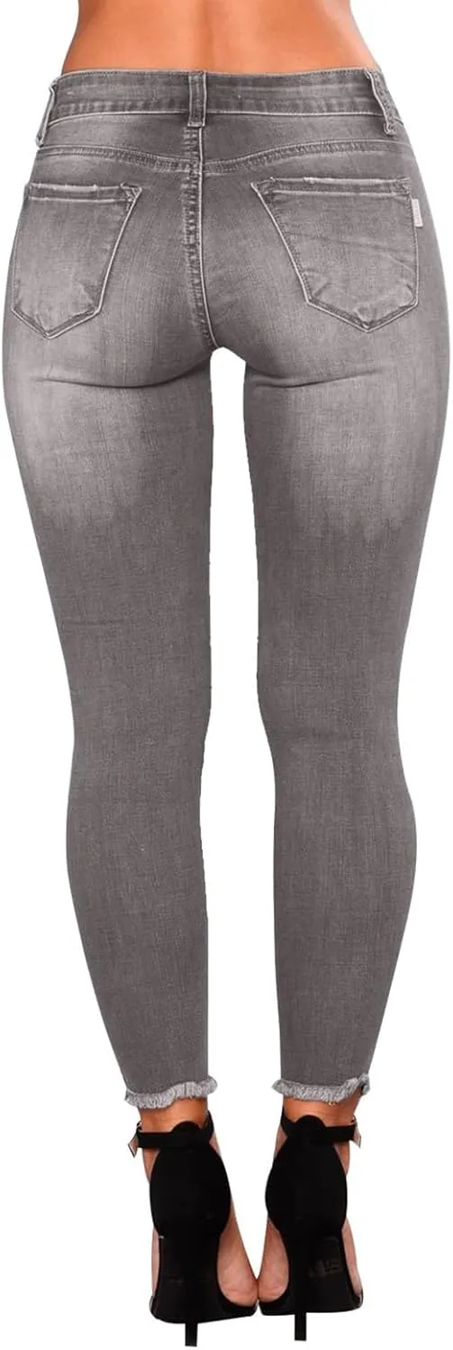 Skinny Jeans for Women Mid Rise Ripped Stretchy Jeans Pull On Dress Work Pants Tummy Control Jeggings with Pockets