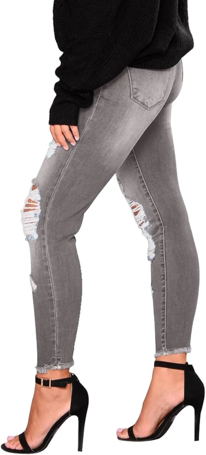 Skinny Jeans for Women Mid Rise Ripped Stretchy Jeans Pull On Dress Work Pants Tummy Control Jeggings with Pockets
