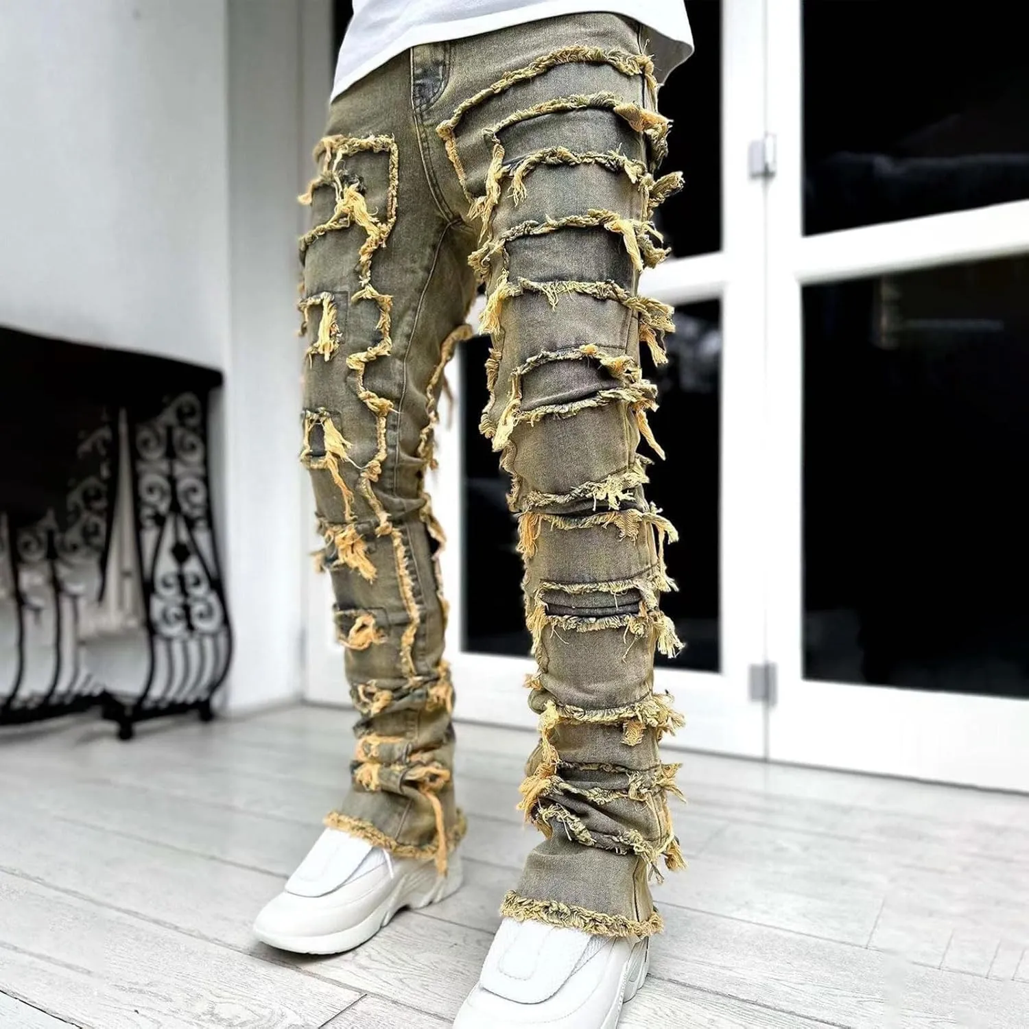 Stacked Jeans Men Skinny Ripped Jeans Slim Fit Patchwork Denim Pants Y2K Goth Harajuku Emo Hip Hop Jeans Trouser